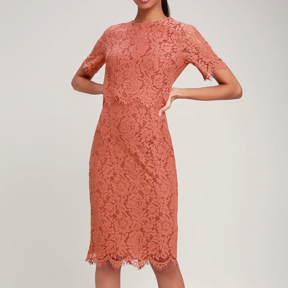 NWT Colored LuLus Lace Midi Dress Rusty Rose Color